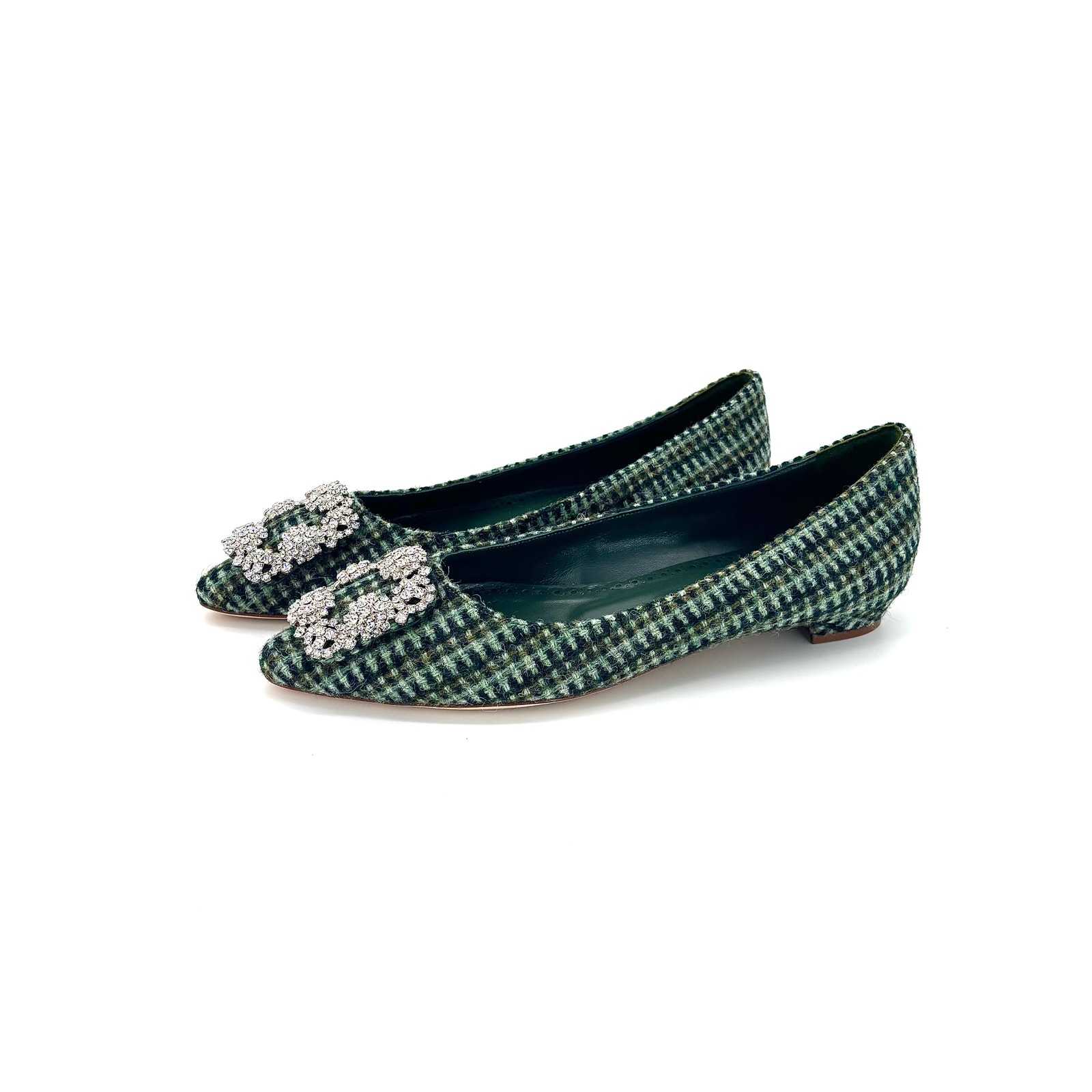 Nib Manolo Blahnik Hangisi Flat Wool Crystal Embellished Pointed Toe Shoes 37